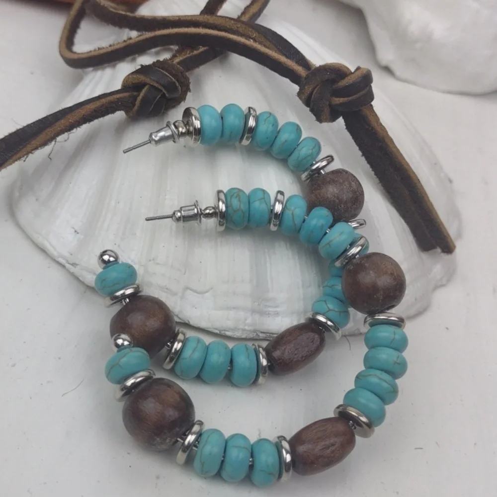 Turquoise Dark Wood & Silver Tone:Beaded Gorgeous Boho Hoop Earrings